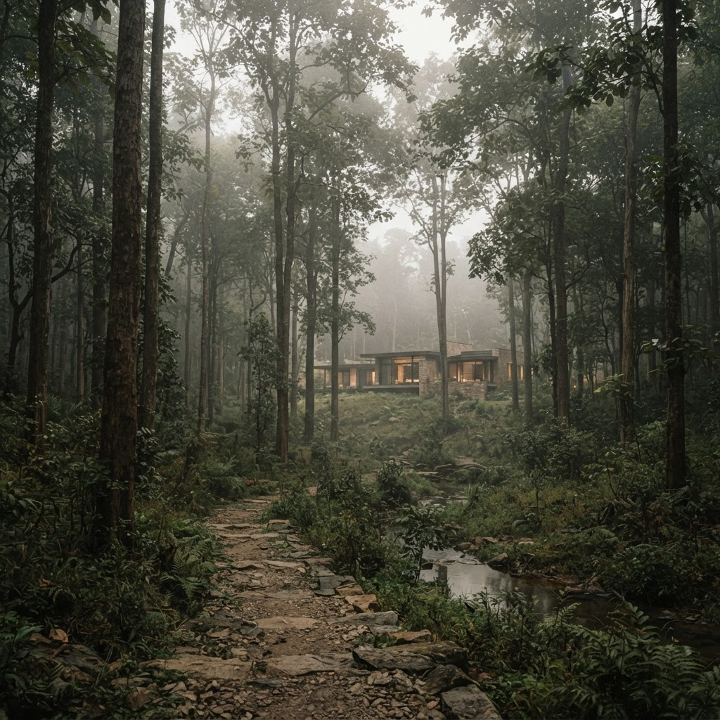 A quiet forest estate at dawn