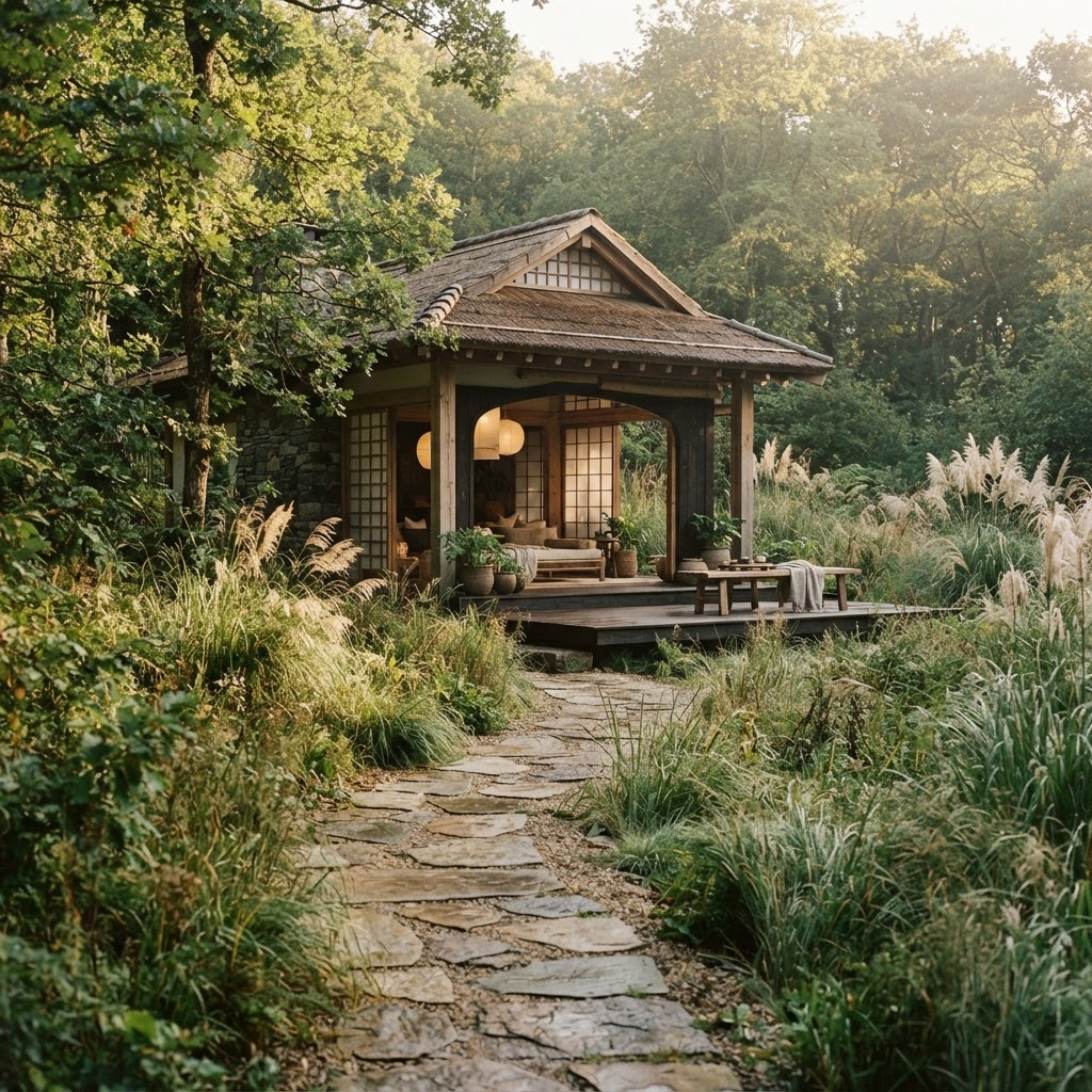 Wellness pavilion surrounded by forest