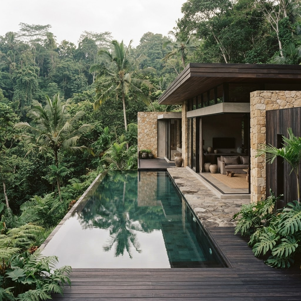 Stone villa nestled among trees